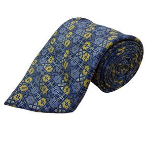Brioni Mens Blue & Yellow Silk Geometric Patterned Tie Hand Made In Italy